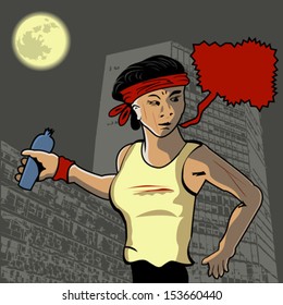 Young rebel with comic art balloon in front of grunge background