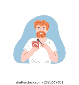 Young red bearded man eating dessert with a spoon from a jar, vector illustration isolated on white background. Happy male character snacking sweet ice cream or yogurt. Drawn in cartoon flat style.