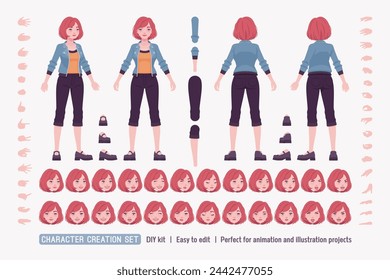 Young red choppy bob haircut pale woman, attractive girl DIY cute character creation set. Female body figure parts. Head, leg, hand gestures, different emotions, construction kit. Vector illustration