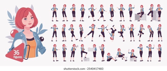 Young red choppy bob haircut pale woman, attractive girl, urban fashion character set, cute bundle. Active female work area poses, emotions, life mood, busy workspace situations. Vector illustration