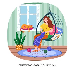 Young red hair female character is sitting with needlework in her hands. Woman knits a scarf with balls of yarn as a hobby. Red cat is sleeping nearby. Flat cartoon vector illustration