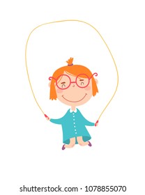 Young red hair girl in blue dress jumping rope. Vector illustration