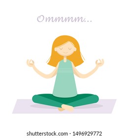 A young red hair girl meditating on the floor. Om sign. Yoga practise, relaxation, hobby, women hobby concept. Trendy flat vector illustration. 