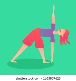 Young red hair girl practicing hatha yoga on green background. The Triangle Yoga Pose made by cute smiling girl.