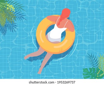 Young Red Hair Woman Swimming On The Yellow Lifebuoy Vector Summer Illustration