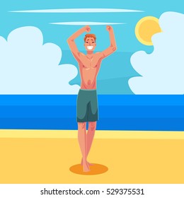 Young red haired athletic man in swimming shorts dancing, cartoon style vector illustration isolated on white background. Young and handsome red haired man dancing at a beach party in shorts