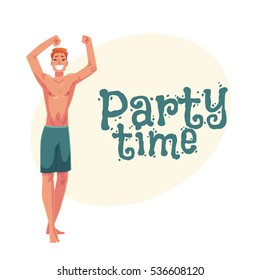 Young red haired athletic man in swimming shorts dancing, cartoon style invitation, greeting card design. Party invitation, advertisement, Young and handsome red haired man dancing