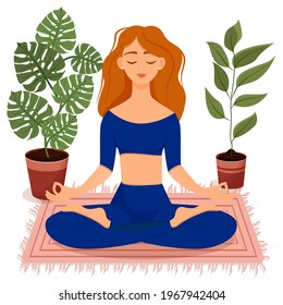 Young red haired girl in a blue tracksuit sitting in lotus pose at home surrounded by plants. Vector illustration of a room with of the woman doing yoga, meditation, healthy lifestyle. Crossed legs.