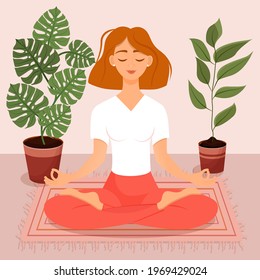 Young red haired girl with bob hairstyle sitting in lotus pose at home surrounded by plants. Vector illustration of a room with of the woman doing yoga, meditation, healthy lifestyle. Crossed legs.