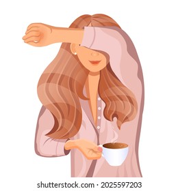 Young red haired girl with a cup of coffee in the morning isolated on background. Good morning. Vector illustration of a sleepy woman in pajamas for advertising, postcards. Dream. Cartoon style.