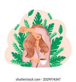 Young red haired girl with a cup of coffee in the morning on a background of leaves. Good morning. Vector illustration of a sleepy woman in pajamas for advertising, postcard, poster. Cartoon style.