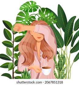 Young red haired girl with a cup of coffee in the morning on the background of home plants. Good morning. Vector illustration of a sleepy woman in pajamas for advertising, postcard. Cartoon style.