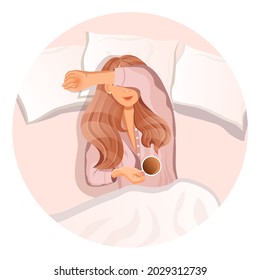 Young red haired girl in the morning lies in bed with a cup of coffee. Good morning. Vector illustration of a sleeping woman in pajamas for advertising, postcard, poster. Good dream. Cartoon style.
