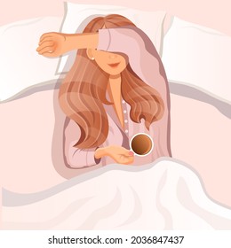 Una joven de cabello rojo en la mañana se acuesta con una taza de café. Buenos días. Ilustración vectorial de una mujer durmiente en pijamas para publicidad, postal, afiche. Buen sueño. Estilo de caricatura.