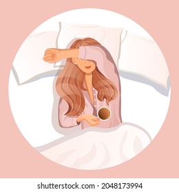 Young red haired girl in the morning lies in bed with a cup of coffee. Good morning. Vector illustration of a sleeping woman in pajamas for advertising, postcard, poster. Good dream. Cartoon style.
