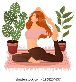 Young red haired girl practicing yoga while sitting at home among plants. Illustration isolated on pink background of the woman doing yoga, meditation, healthy lifestyle, sports, dancing. Dancer