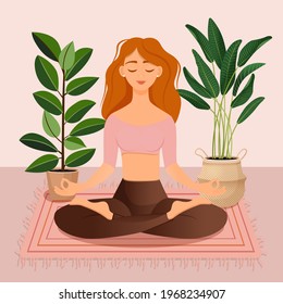 Young red haired girl sitting in lotus pose at home surrounded by plants. Vector illustration of a room with a woman doing yoga, meditation, healthy lifestyle. Crossed legs.