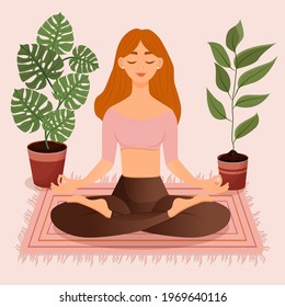 Young red haired girl sitting in lotus pose at home surrounded by plants. Vector illustration of a room with of the woman doing yoga, meditation, healthy lifestyle. Crossed legs. 
Interior.