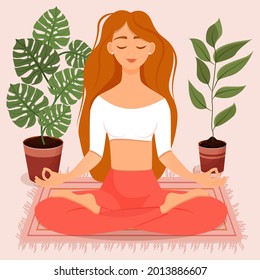 Young red haired girl sitting in lotus pose at home surrounded by plants. Vector illustration of a room with of the woman doing yoga, meditation, healthy lifestyle. Crossed legs