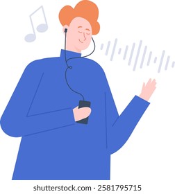 Young red haired man holding a smartphone connected to earphones, listening to music and enjoying the sound, moving his hand following the rhythm and melody, with musical notes and sound waves