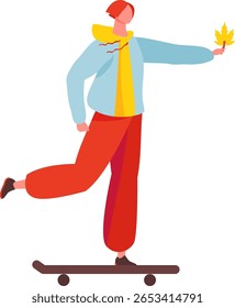 Young red haired skater, dressed in casual clothes, joyfully riding a skateboard while holding a vibrant maple leaf on a beautiful autumn day filled with colorful scenery