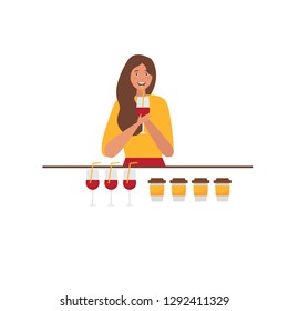 Young red haired woman drinking wine and coffee