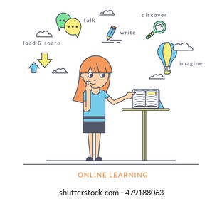 Young redhair girl using a tablet pc and reading ebook on the screen. Flat outlined contour illustration of online reading book and learning with symbol such as talk and share, read and imagine