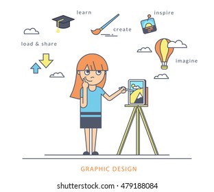 Young redhair girl using a tablet pc and drawing picture on the screen. Flat outlined contour illustration of designer working process with symbols such as learning and sharing, inspiration and
