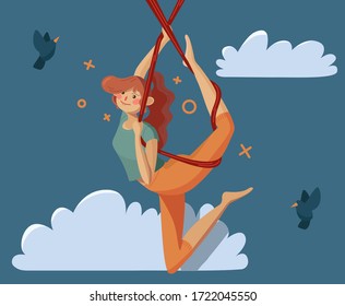 A young red-haired beautiful girl practicing aerial yoga among imagined clouds and birds using a hammock