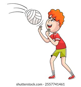 Young red-haired boy playing volleyball, jumping and trying to hit the ball, outdoors on a sunny day, sports activity