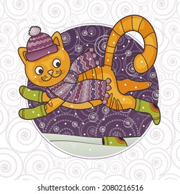 A young red-haired cat in a hat, scarf and socks runs to visit, lost a sock. Cute character. Vector illustration. Winter, New Year holidays, Christmas. The design element of a cute postcard.