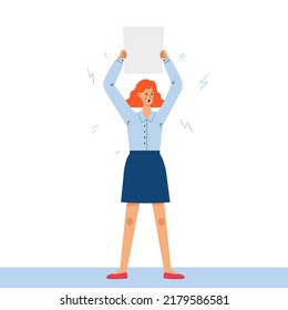 A young red-haired girl in a blouse with an empty poster. A woman defends women's rights to abortion. Female march for abortion rights. Protest against the abortion ban. Vector isolated illustration