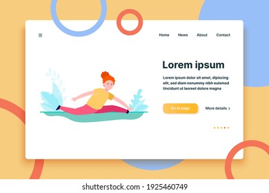 Young red-haired girl doing splits. Balance, yoga, flexibility flat vector illustration. Sport and active leisure concept for banner, website design or landing web page