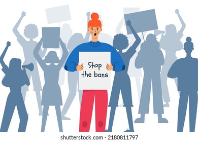 A young red-haired girl with a poster - Stop the ban. Silhouettes of protesting women. Defending their rights to abortion. Females March against abortion ban. Rally demonstration. Vector illustration.