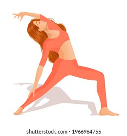 Young red-haired girl practices yoga, meditation, dancing, sports, healthy lifestyle at home. Vector illustration of a woman dancer isolated on a white background.