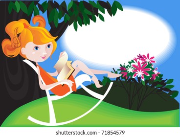 Young red-haired girl is sitting with a book in her hand  in her chair - rocking  under an old tree in the garden