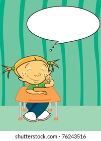 A young, red-haired girl sitting in class drifting off day dreaming with a blank thought bubble above her head