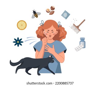 A young red-haired girl sneezes because of allergies. Allergens and risk factors. Vector Flat illustration on the theme of Seasonal food allergies. Allergy to insect bites, Animal hair, Dust, Pollen