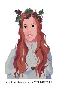 Young red-haired girl in a wreath of oak leaves. Vector illustration, character design, portrait.