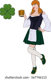 Young red-haired Irish waitress in corset, stockings and green skirt with beer mug