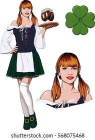 Young red-haired Irish waitress in corset, stockings and green skirt with dark beer glasses on tray