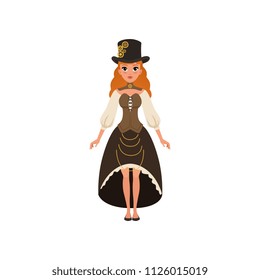 Young red-haired lady in steampunk costume. Woman in blouse with sleeves, corset, skirt with bustle and top hat with gears. Flat vector