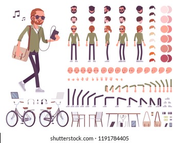 Young red-haired man character creation set. Boy with ginger ponytail and beard. Full length, different views, emotions, gestures. Build your own design. Vector illustration