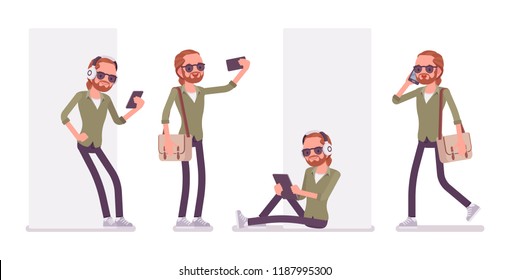 Young red-haired man and gadgets. Caucasian boy with ginger ponytail hairstyle and beard, wearing urban jacket spend time texting and chatting. Vector flat style cartoon illustration