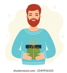 Young red-haired man holding a gift. Christmas design. Vector simple flat illustration.