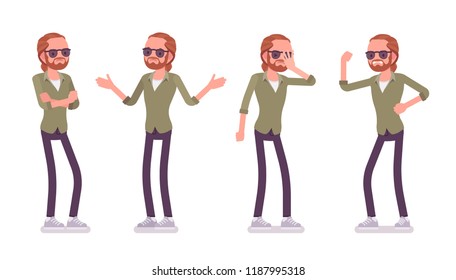 Young red-haired man in negative emotions. Unhappy caucasian boy with ginger ponytail hairstyle feeling sad or having a depressed mood, cannot enjoy life. Vector flat style cartoon illustration