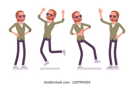 Young red-haired man in positive emotions. Caucasian boy with ginger ponytail hairstyle, optimist, feels good and confident about life, jump with joy and fun. Vector flat style cartoon illustration
