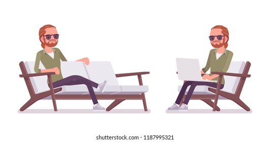 Young red-haired man sitting and resting, working with laptop. Caucasian boy with ginger ponytail hairstyle, calm and happy at free time . Vector flat style cartoon illustration