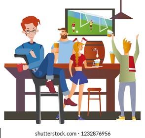 Young red-haired man sitting in a sport bar. Student night out. Flat vector illustration.