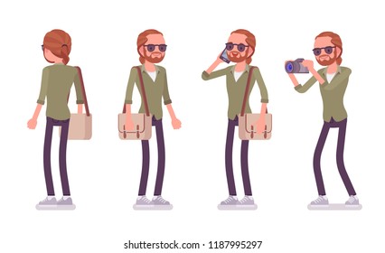 Young red-haired man standing. Caucasian boy with ginger ponytail hairstyle and beard, wearing urban jacket and accessories. Vector flat style cartoon illustration, front and rear view